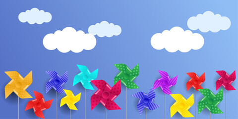 Realistic vector windmill pinwheel isolated on white with spinning toy wheel illustration for summer childhood fun colorful paper fan breeze concept cute game symbol whirligig icon design. 