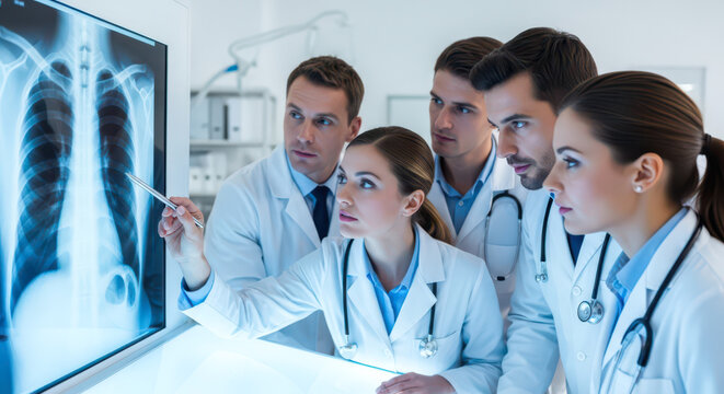 Medical teamwork concept with group of doctors analyzing chest xray, professional physicians collaborating on patient diagnosis in hospital clinic for treatment