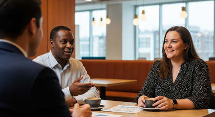 Business collaboration with diverse team meeting in modern office cafe, professional colleagues discussing project and strategy over coffee in relaxed atmosphere