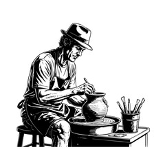 Potter at Work: The artisan meticulously shapes a clay pot on the spinning wheel. An illustrative art that capture the beauty of the craft and skill of hands