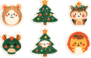 Cute vector cartoon Christmas icons set featuring Santa Claus, a snowman, a gift, and a holiday tree decoration for winter fun and new year celebration