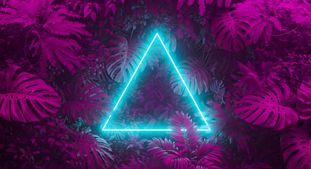 A vibrant neon triangle glowing amidst lush tropical foliage, creating a surreal and captivating jungle scene with a modern aesthetic