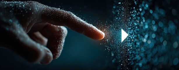 Open Hand Pointing at White Arrow Over Dark Background with Swirling Digital Code and Binary Numbers, Symbolizing Choice and Direction