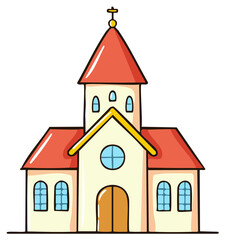 Cartoon Church Illustration with Red Roof and Cross Topper for Religious and Architectural Designs