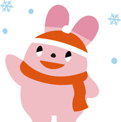 手を上げてあいさつする冬のうさぎ