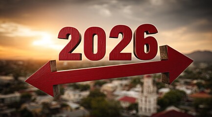 Red Arrow with 2026 Pointing Towards Blurred City Skyline, Warm Sunlight Symbolizing Future Progress and Business Strategy