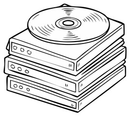 Stack of electronic devices with a CD on top, hand-drawn illustration