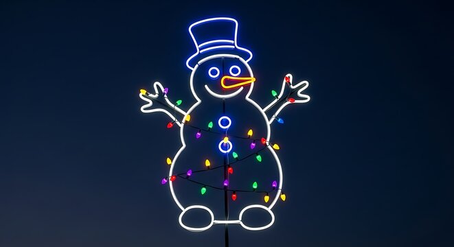 Neon snowman decorated with colorful Christmas lights against a dark background holiday - Powered by Adobe