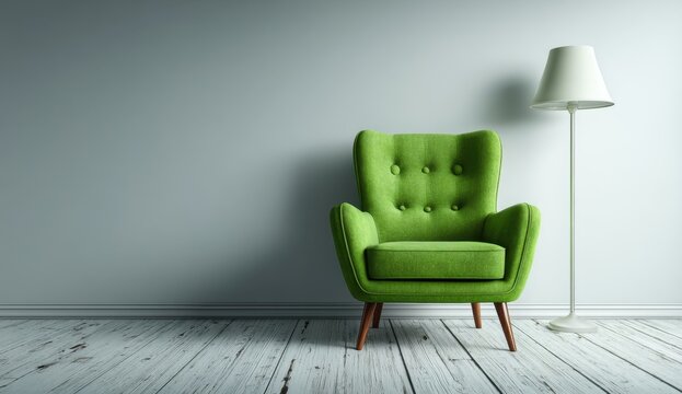 Bright green armchair with tufted backrest and wooden legs in modern interior