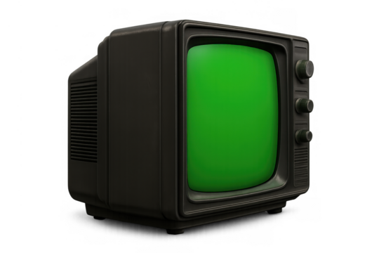 Vintage crt television with green screen showing retro media and broadcast concept on transparent background