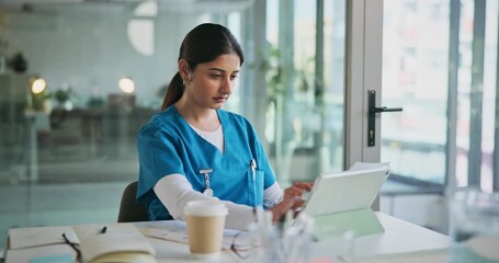 Tablet, woman and nurse in hospital for medical research, treatment or diagnosis planning. Digital technology, nursing and female healthcare worker with documents for recording patient information. - Powered by Adobe