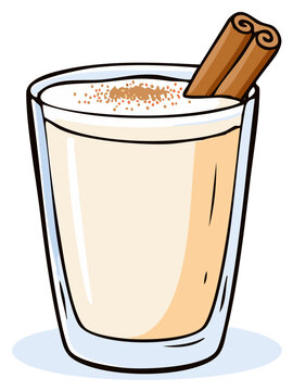 Illustrated creamy beverage in a clear glass with a cinnamon stick and nutmeg sprinkles