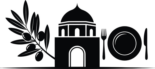 Mediterranean restaurant logo with olive branch and architectural element