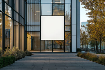 Modern Building Exterior with Empty Poster Frame on Wall for Outdoor Advertising and Branding Mockups