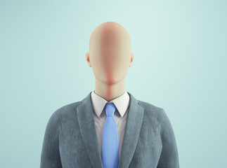 Formal mannequin dressed in a suit with a tie, standing against a light blue background