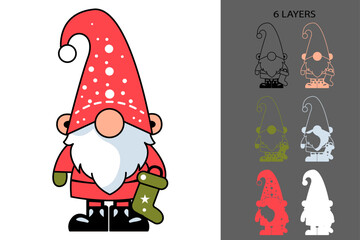 Cute Christmas Gnome Holding Sock– Laser Cut SVG Papercut Holiday Vector Design