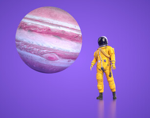 Astronaut stands on a purple background with Jupiter in space, reflecting exploration and adventure in the cosmos
