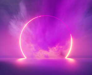 Vibrant sunset with neon pink hues over a calm ocean reflecting pastel clouds