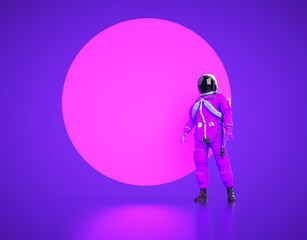 Brightly colored astronaut stands against a vibrant purple and pink background showcasing modern design elements