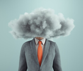 Businessman with a cloud for a head representing confusion and uncertainty in the workplace at a creative office