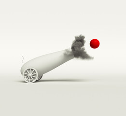 Cannon fires a red ball surrounded by smoke in a playful and creative setting