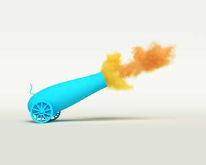 Bright blue cartoon cannon shoots colorful clouds of smoke in a playful setting