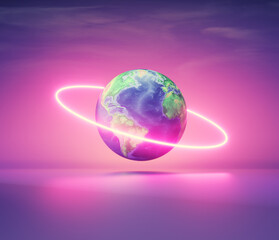 Colorful digital representation of Earth floating in space with glowing ring, showcasing beauty of our planet and universe