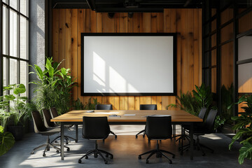 Modern Conference Room with Blank Projector Screen for Mockups and Presentations