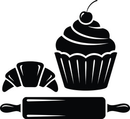 Black silhouette of a croissant cupcake and rolling pin