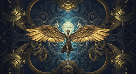 Winged figure stands centrally against an intricate, dark background composed of interlocking mechanical gears