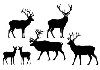 Illustration of silhouette of a deer family isolated on transparent background in black color