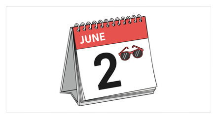 Stylized june second calendar page with sunglasses suggesting a summer occasion or event date reminder concept