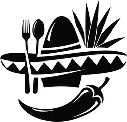 Mexican fiesta food icon with sombrero and chili pepper