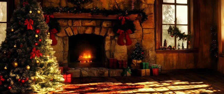 Cozy christmas interior with tree, fireplace, and presents, perfect for festive backgrounds and