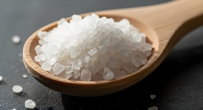 Close-up of coarse sea salt crystals piled high on a wooden spoon against a dark background. - Powered by Adobe
