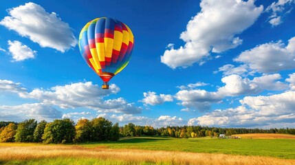 Fototapeta premium Colorful Hot Air Balloon Floating Over Green Field and Blue Sky with Clouds in a Picturesque Landscape