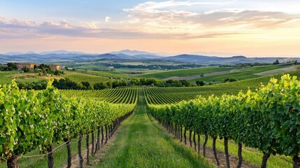 Naklejka premium Scenic Vineyard Landscape in Rolling Hills During Sunset with Lush Green Grapevines and Majestic Sky