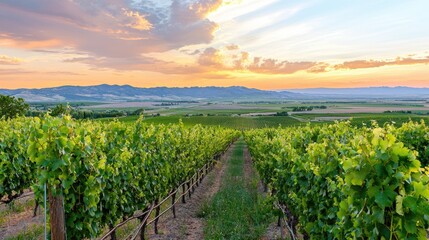 Naklejka premium Scenic Vineyard Landscape at Sunset with Lush Green Grapevines and Rolling Hills in the Background