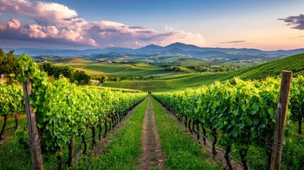 Scenic Vineyard Landscape at Sunset with Lush Green Grapevines and Rolling Hills in the Background