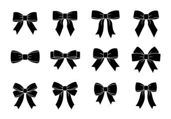 Illustration of set of black bows isolated on transparent background, vector illustration