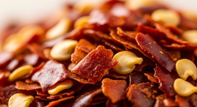 Close-up of vibrant red chili flakes with visible seeds, perfect for adding spice and flavor to culinary dishes.