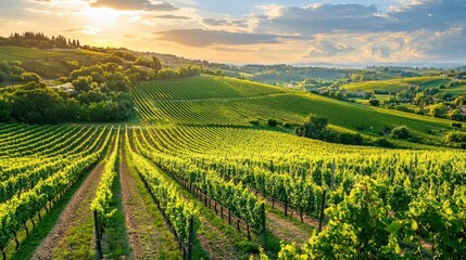 Naklejka premium Scenic Vineyard Landscape at Sunset with Lush Green Rows and Beautiful Sky in the Background