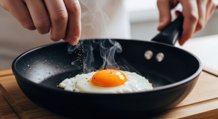 Cooking a sunny side up egg in a black frying pan on a wooden kitchen counter