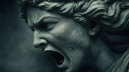 Dramatic close-up of ancient stone statue expressing anger and emotion, detailed sculpture art concept