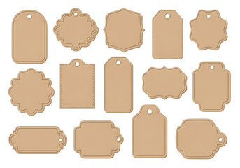 Illustration of set of blank kraft paper tags isolated on transparent background