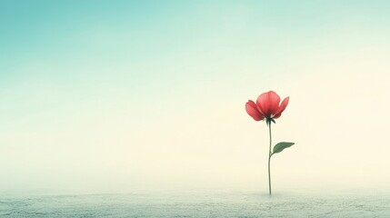 Fototapeta premium Delicate pink flower standing alone on barren landscape under soft pastel sky at dawn