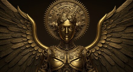 Ornate mechanical figure with large feathered wings radiates powerful golden energy