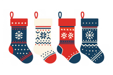 Christmas stockings hanging, festive winter socks awaiting presents, holiday season decoration set, transparent background