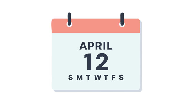 Isolated flat vector calendar design showcasing April 12th on a minimalist white background featuring the week's beginning and ending days