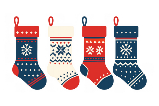 Christmas stockings hanging, festive winter socks awaiting presents, holiday season decoration set, transparent background